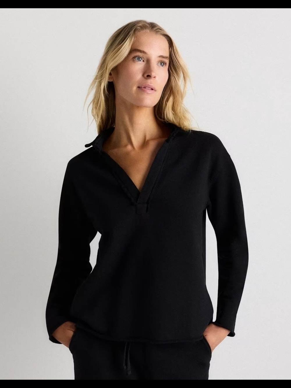 Quince Women Organic French Terry Henley Bold Black Small Collared Shirt